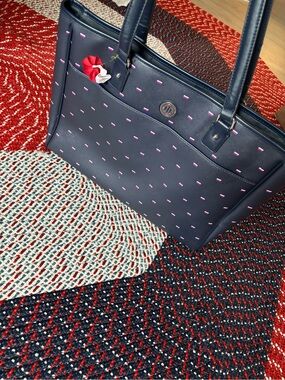 Tommy Hilfiger Navy Tote with Stitching and Red Flower Accent